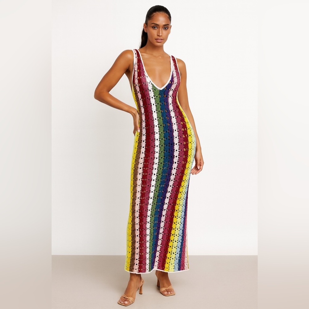 MOTHER Rainbow Crochet‎ Maxi Dress Sleeveless V Neck Boho  one size fits all‼️
